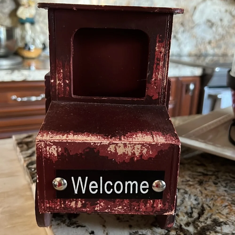 Holiday decor wooden trick with Christmas tree accents